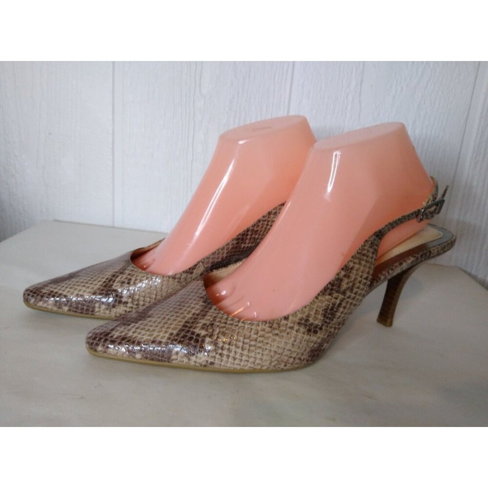 Calvin Klein DAY Women's 9.5 Snake Print Pointed Toes Slingback Brown Tan Heels - Picture 3 of 9